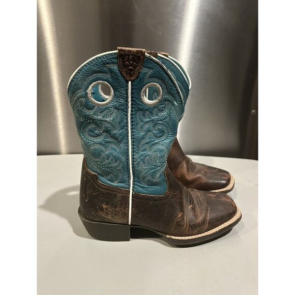 ARIAT Brown/Aqua Western Cowboy Boots Girls Youth Size 1.5 Cowgirl - Picture 3 of 8